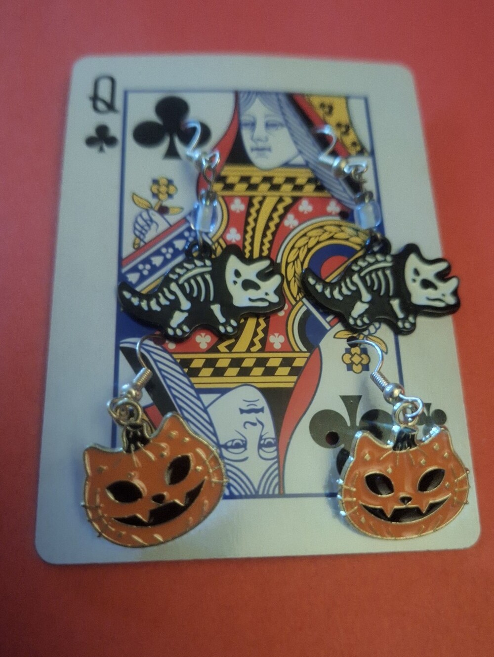 2 Pair Of NEW Halloween Pierced Earrings; Skeleton Dinosaurs & Pumpkins